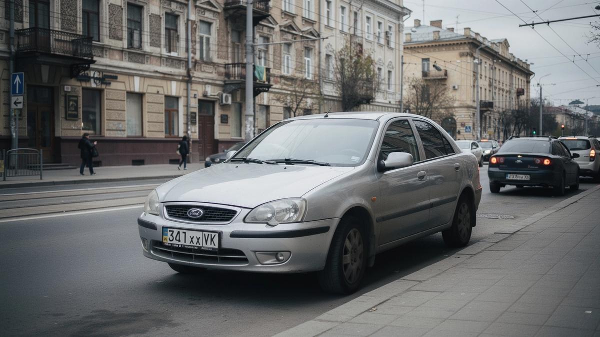Sedan parked on a downtown Kyiv street with local architecture behind it